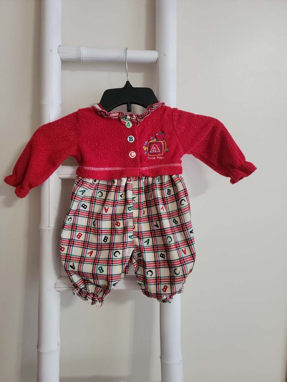 Vintage 90s Fisher-Price Baby ABC Plaid Romper Faux Red Cardigan Size 0-6 M